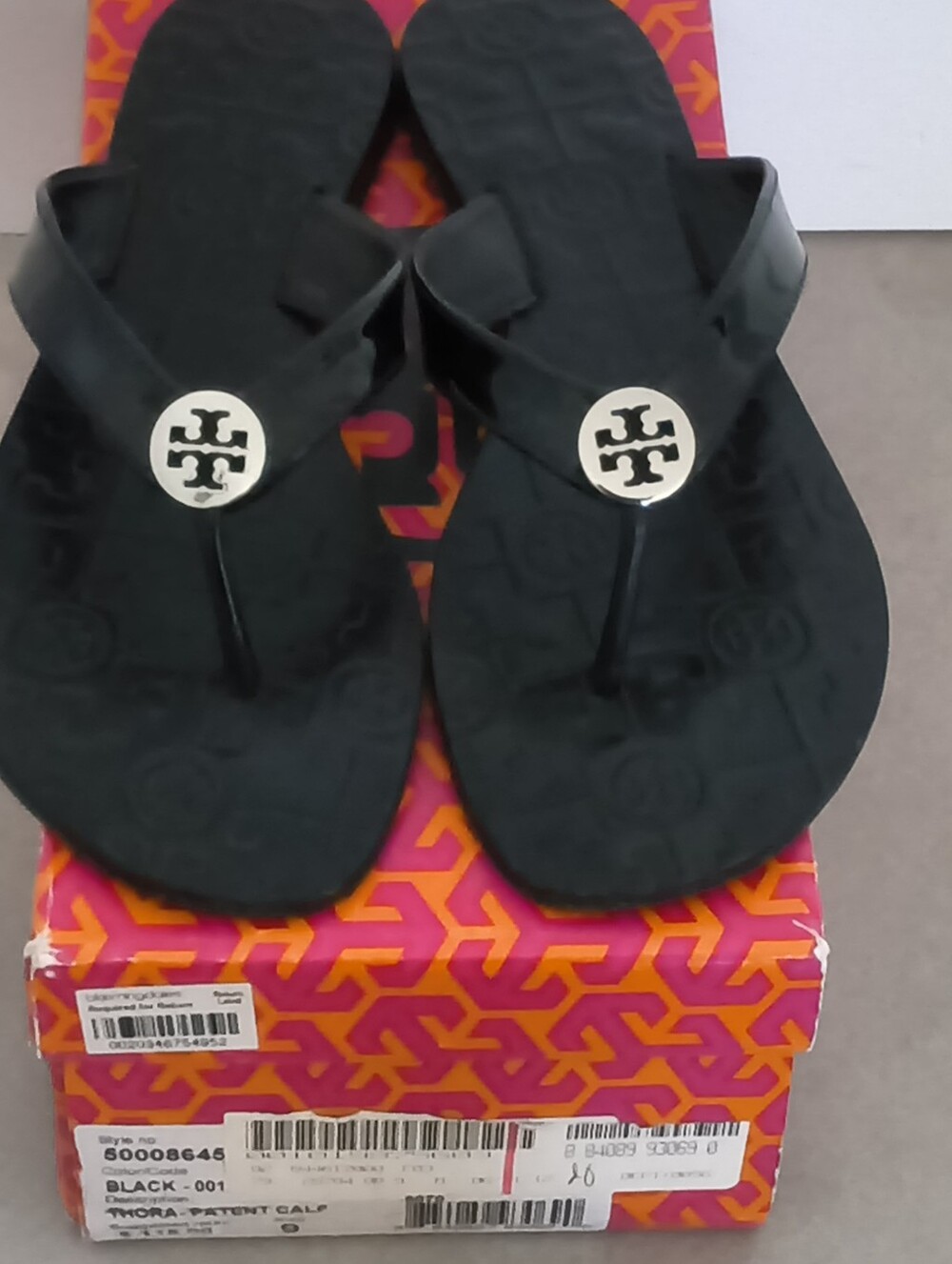 Tory Burch "Thora" Black Patent Calf Sandals Size 9